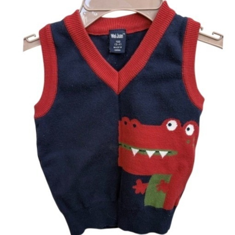 Wei Juan Boys Gator Sweater Vest Navy Blue Red Accents Size 3-4Y / 3T 4T‎